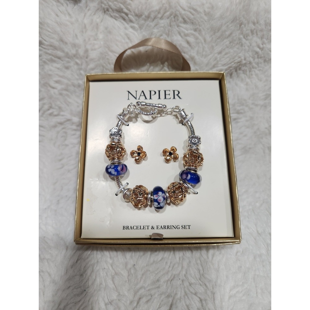 NWT Napier Gold Tone Charm Bracelet & Stud Earring Set Blue Floral Glass Beads